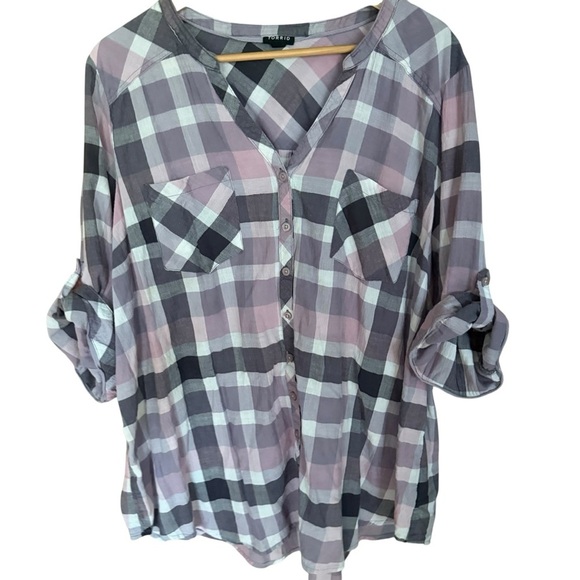 Torrid Windowpane Plaid Popover Shirt Women’s 4X 3/4 Roll Tab Sleeves Country - Picture 4 of 13